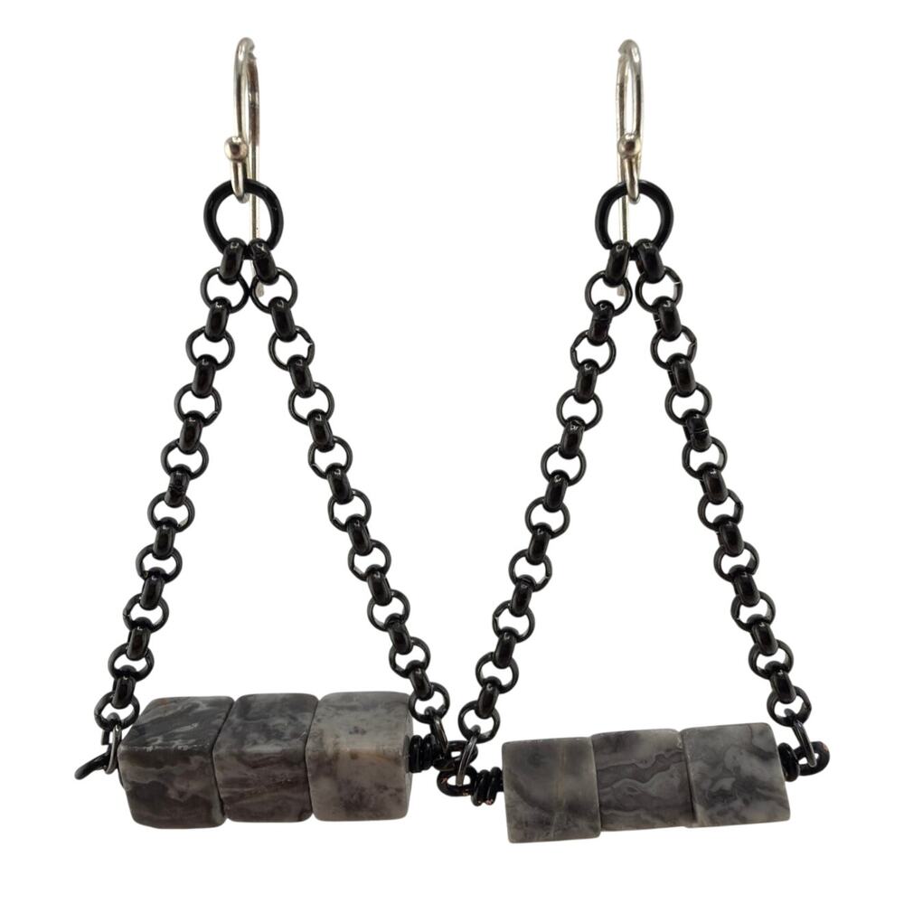 Artisan Handcrafted Triangular  Mapstone Swing Chain Dangle Earrings